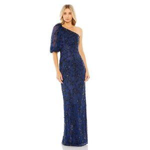New Mac Duggal 5912 Blue Sequins One Shoulder Gown Dress P5293